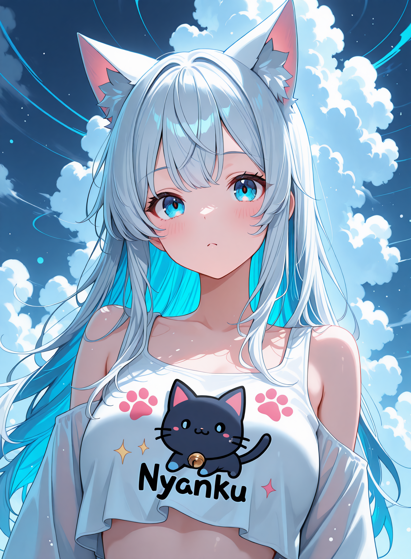 lazypos, cat ears, 1girl,solo, Messy Layers , Boredom, Graphic print top ,Electric blue background with thin red zigzag lines, evoking a sense of energy., bokeh, vibrant colors, colored light particles, bloom, cloudy, dreamy atmosphere, fogy, <lora:Nyanku:1> nyanku, nyankupatches