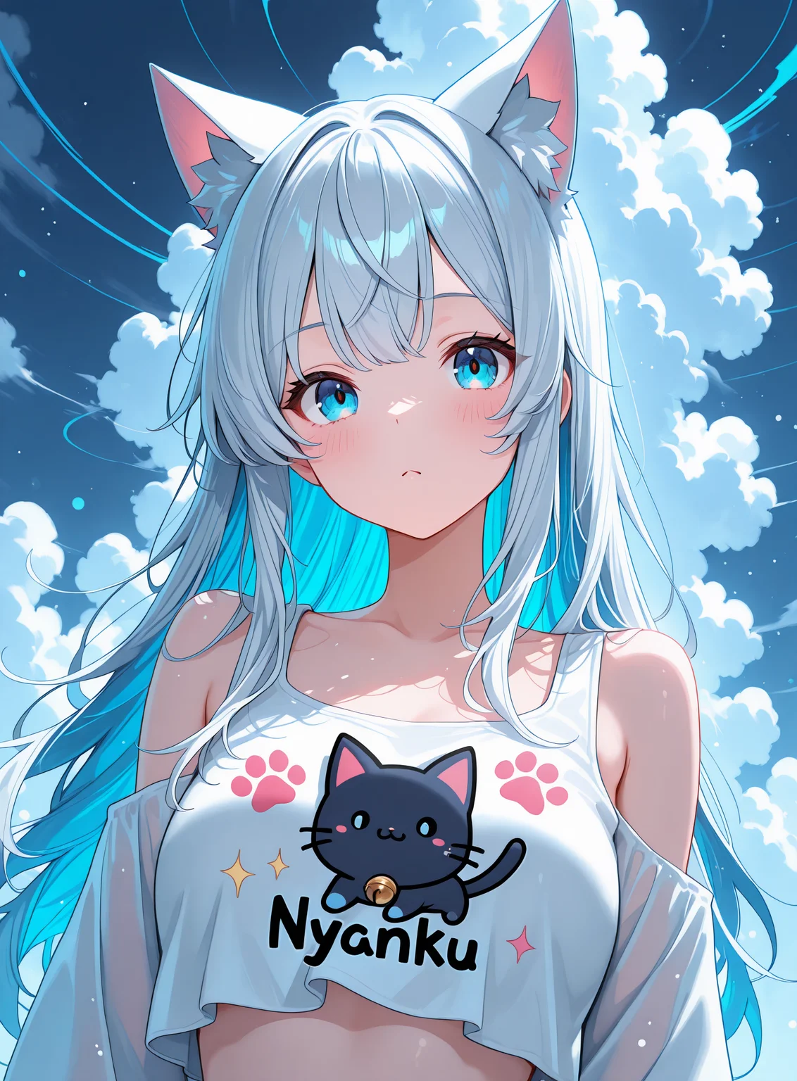 lazypos, cat ears, 1girl,solo, Messy Layers , Boredom, Graphic print top ,Electric blue background with thin red zigzag lines, evoking a sense of energy., bokeh, vibrant colors, colored light particles, bloom, cloudy, dreamy atmosphere, fogy, <lora:Nyanku:1> nyanku, nyankupatches