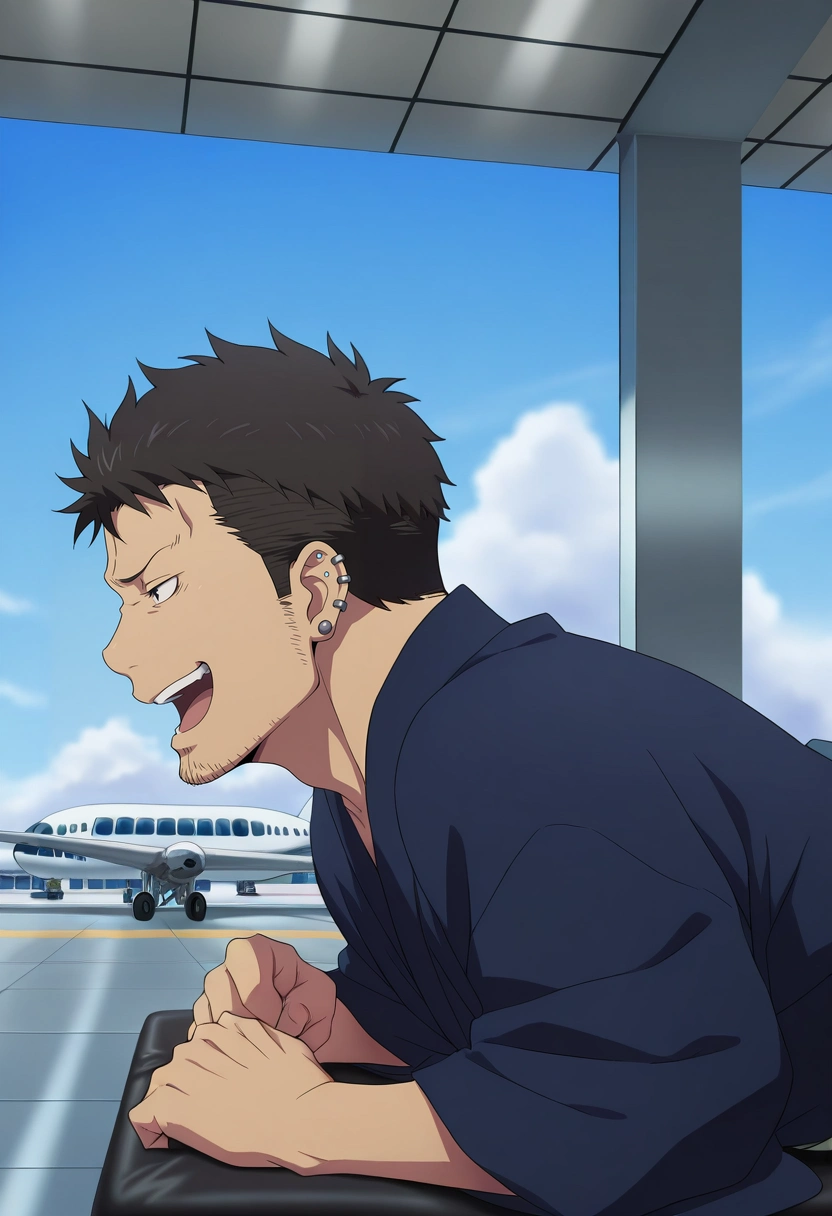 masterpiece, best quality, , , , , 1boy, solo, male focus, <lora:ryuuji_suguro_ilxl:0.96>, ryuuji_suguro, black hair, black eyes, short hair, , facial hair, stubble, ear piercing, profile, airport, noon, lying, on stomach, laughing, japanese costume