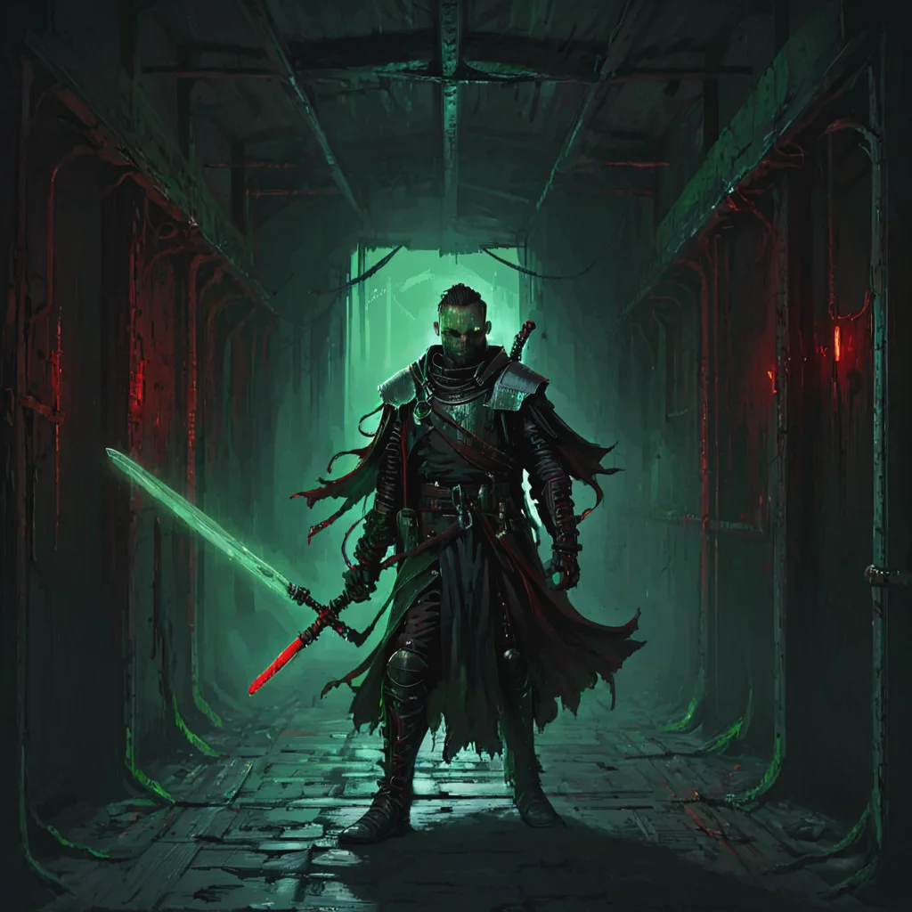 a nqstrman man in a medieval outfit holding a sword, grim darkness, gritty, dark corridor, metal walls, steel beams, pipe, wires, science fiction, red and green glow, apxlz