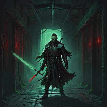 a nqstrman man in a medieval outfit holding a sword, grim darkness, gritty, dark corridor, metal walls, steel beams, pipe, wires, science fiction, red and green glow, apxlz
