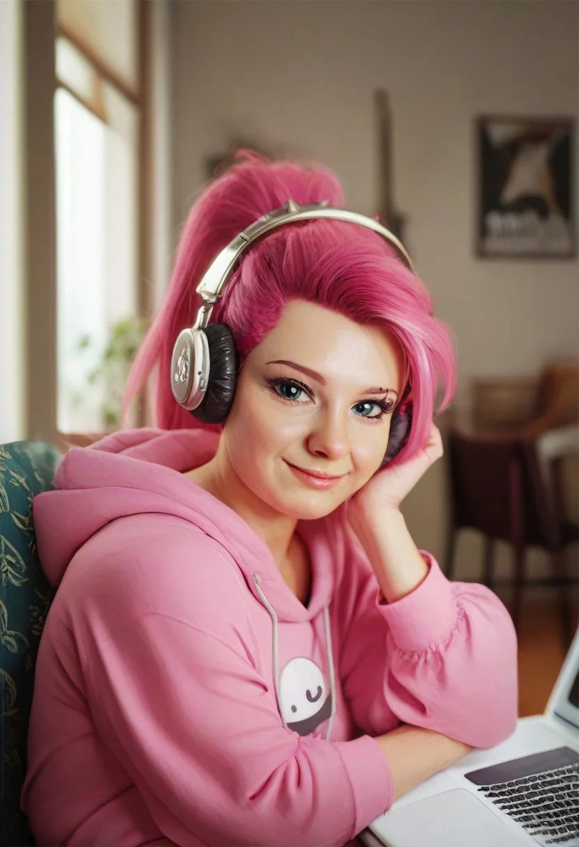 Ugly score_9, score_8_up, score_7_up, source_anime, eyes level, 1 woman, punk style, laptop, chair, bedroom, perfect face,LoFi_Girl_Pony, looking at the viewer, ponytail, Pink hair, headphones, hoodie,