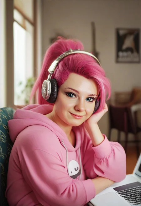 Ugly score_9, score_8_up, score_7_up, source_anime, eyes level, 1 woman, punk style, laptop, chair, bedroom, perfect face,LoFi_Girl_Pony, looking at the viewer, ponytail, Pink hair, headphones, hoodie,
