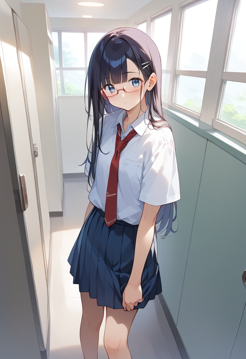 score_9, score_8_up, score_7_up, rating_safe, masterpiece, best quality, absurdres, unity 8k wallpaper, official art, official style, source_anime, game cg, megami magazine,
1girl, solo, glasses, black hair, long hair, blue eyes, collared shirt, red necktie, pleated skirt, blue skirt, looking at viewer, blush, 
danshitoire, syobenki, urinal,  koshitsu, door, indoors, window, scenery, day,
<lora:danshi_toilet_PONY_V5:0.6>