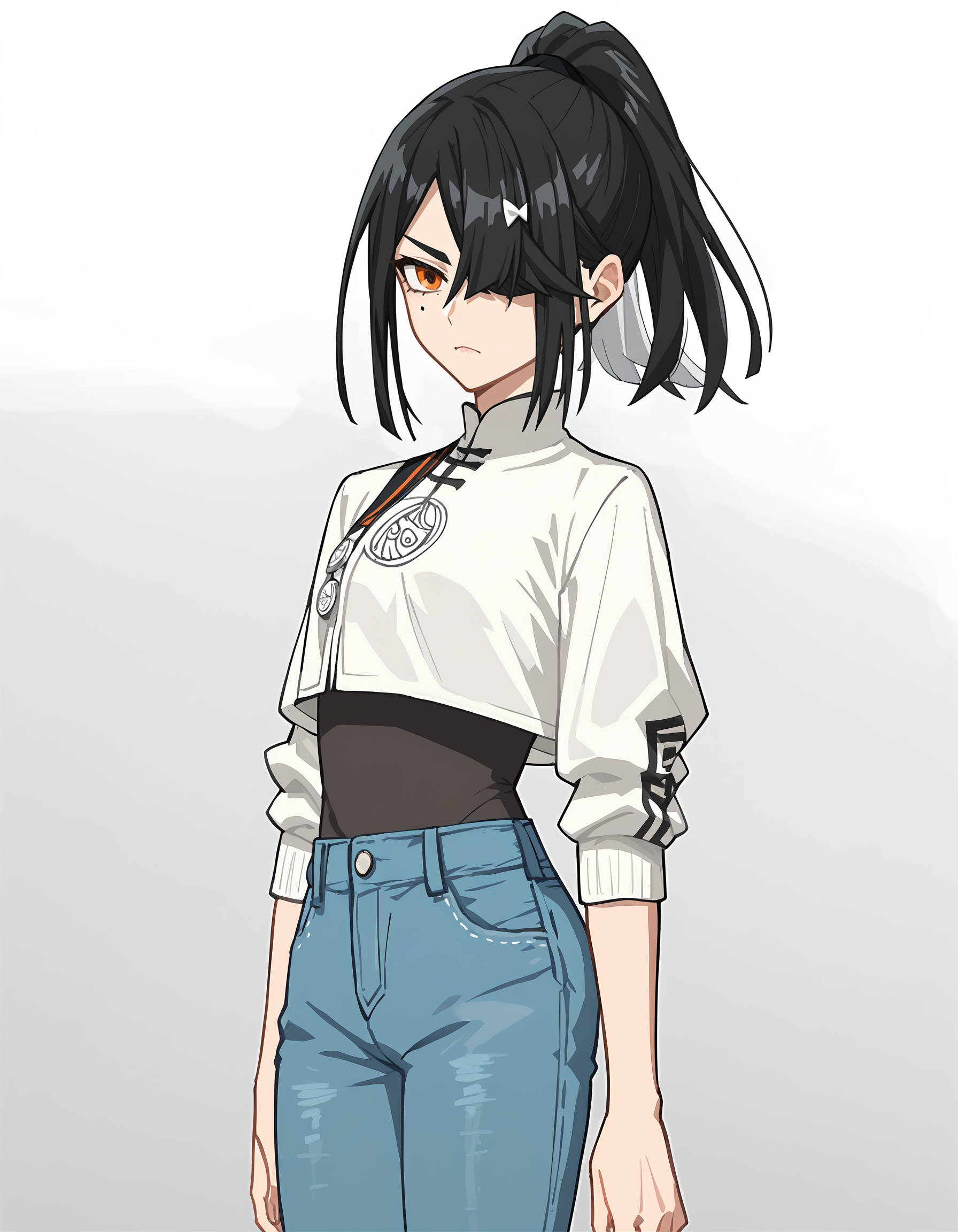 score_9,score_8_up,score_7_up,shrug_(clothing),jeans,
<lora:xufuavenger_pony:0.7>,xufuavenger,1girl,solo,black hair,mole under eye,ponytail,mole,orange eyes,<lora:Anime_Screencap:1>,anime screencap,hair_over_one_eye,small_breasts,