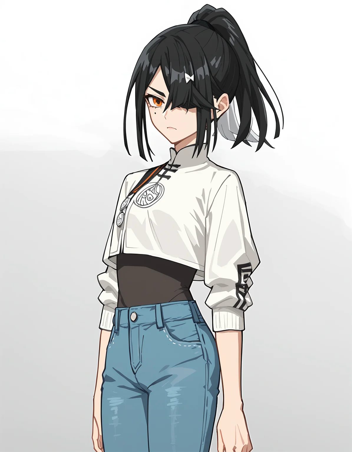 score_9,score_8_up,score_7_up,shrug_(clothing),jeans,
<lora:xufuavenger_pony:0.7>,xufuavenger,1girl,solo,black hair,mole under eye,ponytail,mole,orange eyes,<lora:Anime_Screencap:1>,anime screencap,hair_over_one_eye,small_breasts,