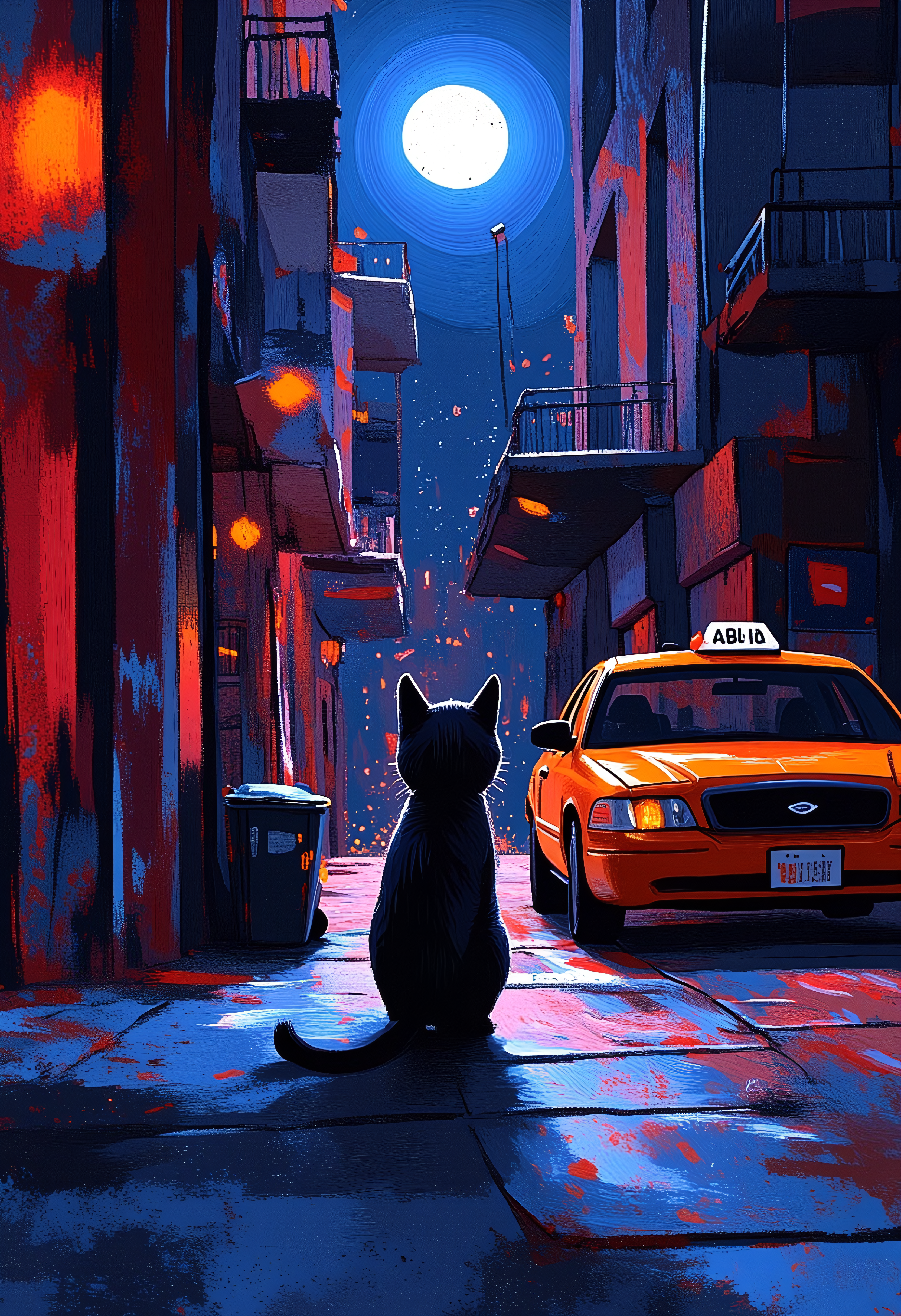A black cat illuminated by the moon, walking in an Alley in New York City, garbage can, taxi, vibrant glow, Atey Ghailan Style