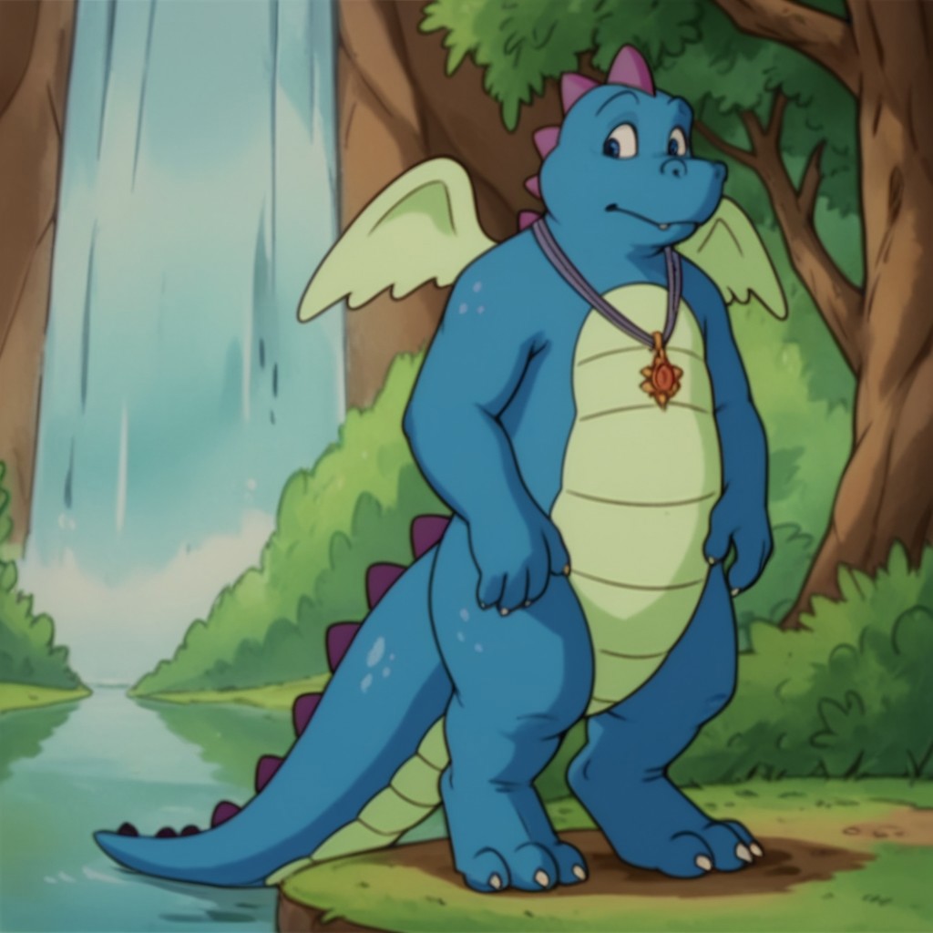 score_9, score_8_up, score_7_up, score_6_up, score_5_up, score_4_up, source_furry, OrdDT, semi-anthro, male, dragon, blue skin, wings, jewelry, necklace standing, outside, lake, waterfall,