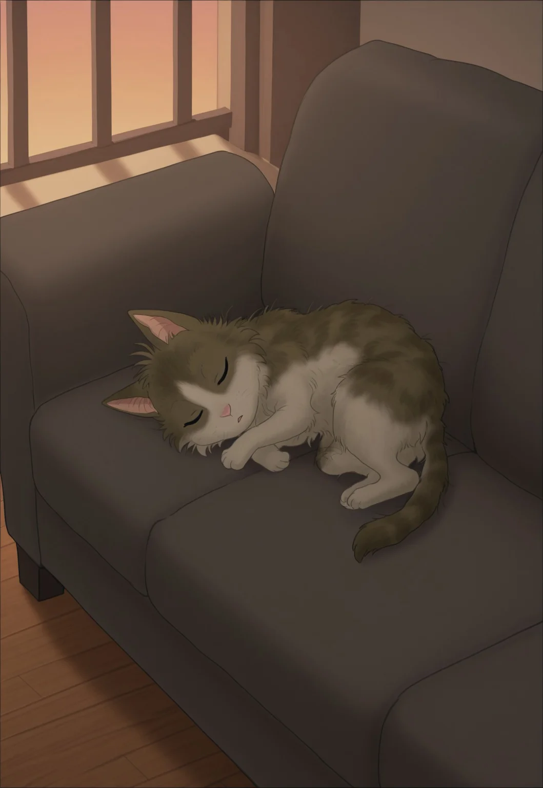 AnYnMovieStyle, cat, multicolored fur, solo, couch, sleeping, indoors, evening, animal focus