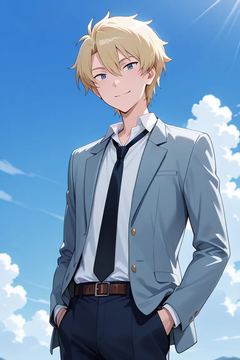 masterpiece, absurdres, newest, perfect quality, best quality, absolutely eye-catching, amazing quality, very aesthetic, high resolution, ultra-detailed, 1boy, male focus, solo, yamato_ishida_tri, blond hair, blue eyes, school uniform, shirt, blazer, navy necktie, pants, belt, looking at viewer, smile, closed mouth, hands in pockets, blue sky, clouds, detailed background, volumetric lighting, vibrant colors