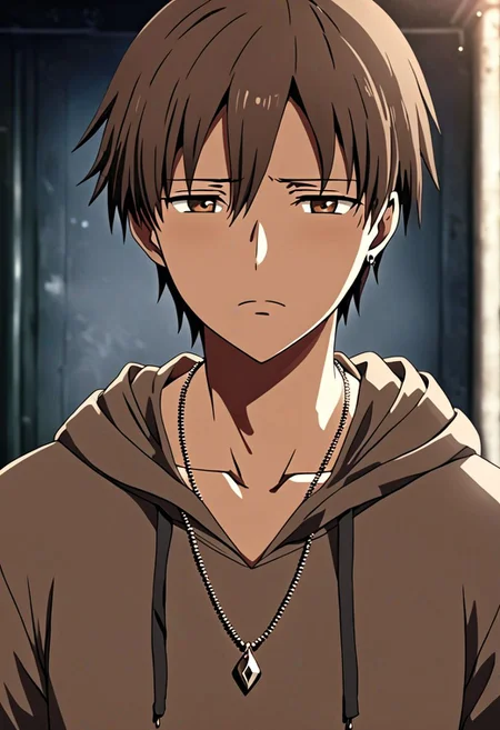 high resolution, solo, best quality, 1Boy, Takaki Toono, Brownish Hair, Brown Eyes, bangs, necklace, choker, hair between eyes, Hoodie, OverallDetail