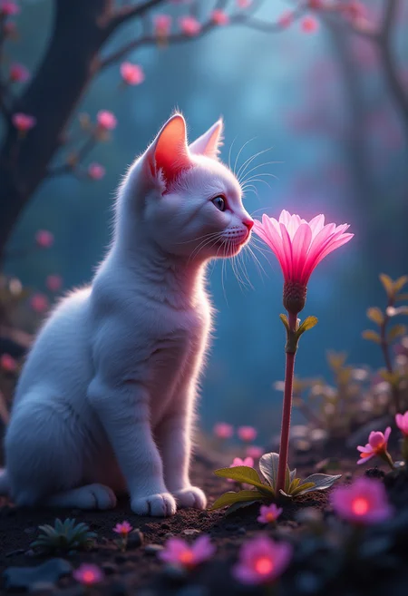 Detailed, masterpiece, professional, bold colors, octane render, photography, HDR, A white and pink small cat smelling an alien bioluminescent flower in a fairy forest, taken using a vintage camera, film grain, chromatic aberration