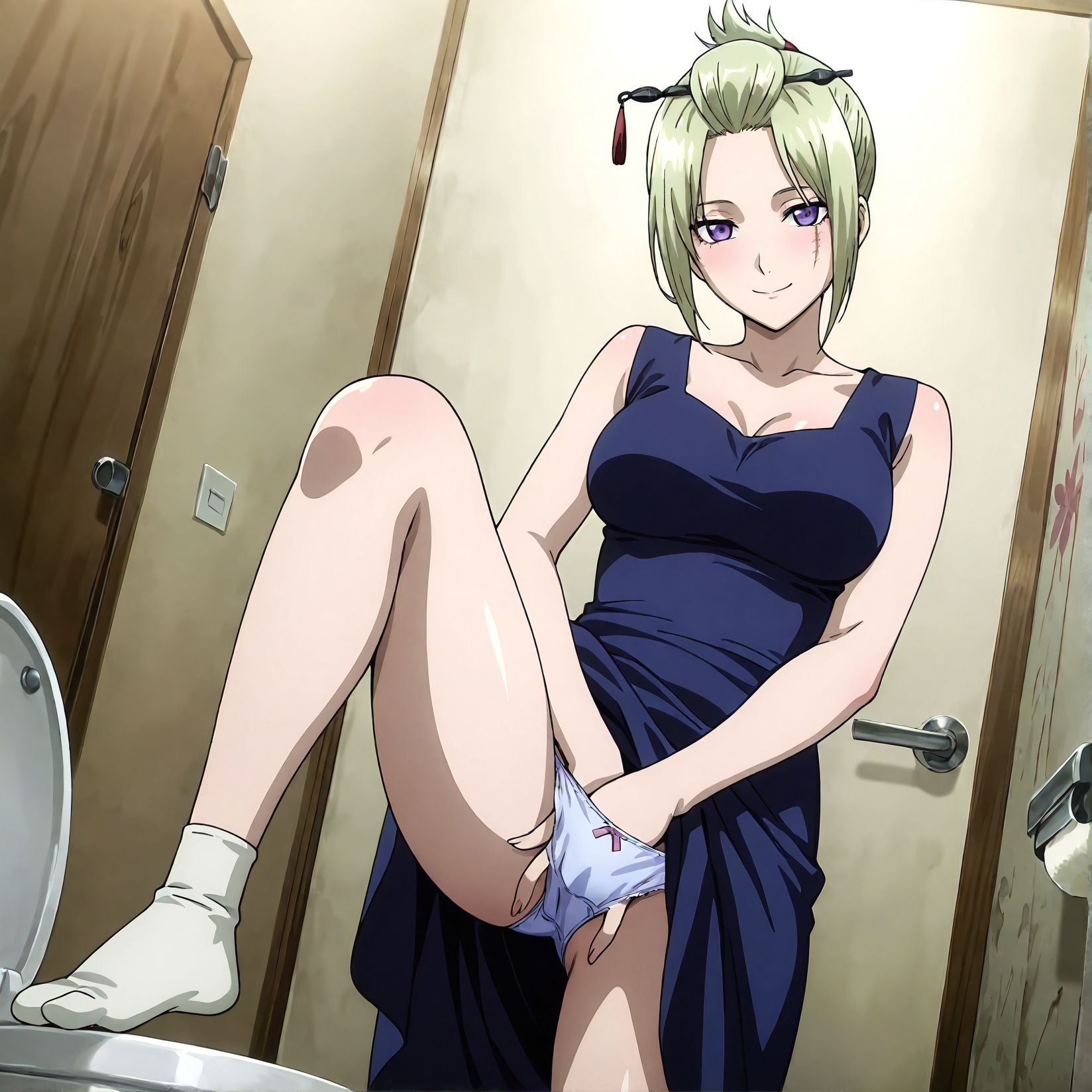 masterpiece best quality newest absurdres highres detailed eyes beautiful detailed background perfect eyes anime coloring anime screencap<lora:add-detail-xl:0.5>,
<lora:Toilet_masturbation:0.5>Toilet_0masturbationV1,
1girl,toilet,solo,underwear,panties,socks,
masturbation,hand in panties,
standing on one leg,fingering,front view,
dress, looking at viewer, smile,
medium breasts, blonde hair, folded ponytail, blonde hair, hair ornament, hair stick, hair up, hairpin, purple eyes, scar on cheek, short hair, tsukuyo, 
<lora:RGV_Tsukuyo_GTM:0.9>
mature female, 20YO,