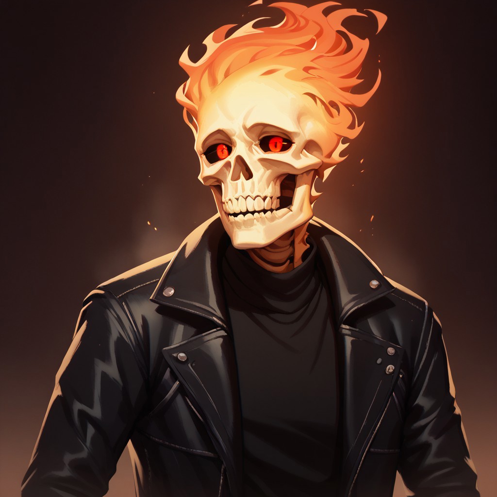 (((detailed, beautiful, high quality))), upper Body, score_9, score_8_up, score_7_up,
skeleton, glowing eyes, black sclera, FireHuman, orange fire, 
red eyes, male skeleton, white skull, fiery skull, black leather jacket, black T-shirt, dark background,
looking at the viewer, posing, snowy forest, blurred background, blurred fantasy background,