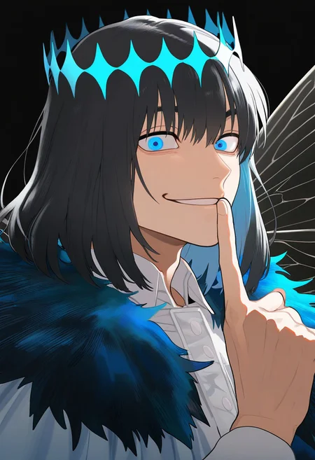 masterpiece, best quality, very aesthetic, high resolution, ultra-detailed, absurdres, newest, extremely detailed eyes, beautiful, perfect lighting, hi res, amazing quality, NEWTRVL_ST, solo, looking at viewer, smile, bangs, blue eyes, shirt, black hair, long sleeves, 1boy, white shirt, upper body, male focus, wings, collared shirt, medium hair, cape, fur trim, crown, index finger raised, finger to mouth, evil smile, shushing, insect wings, oberon \(fate\)