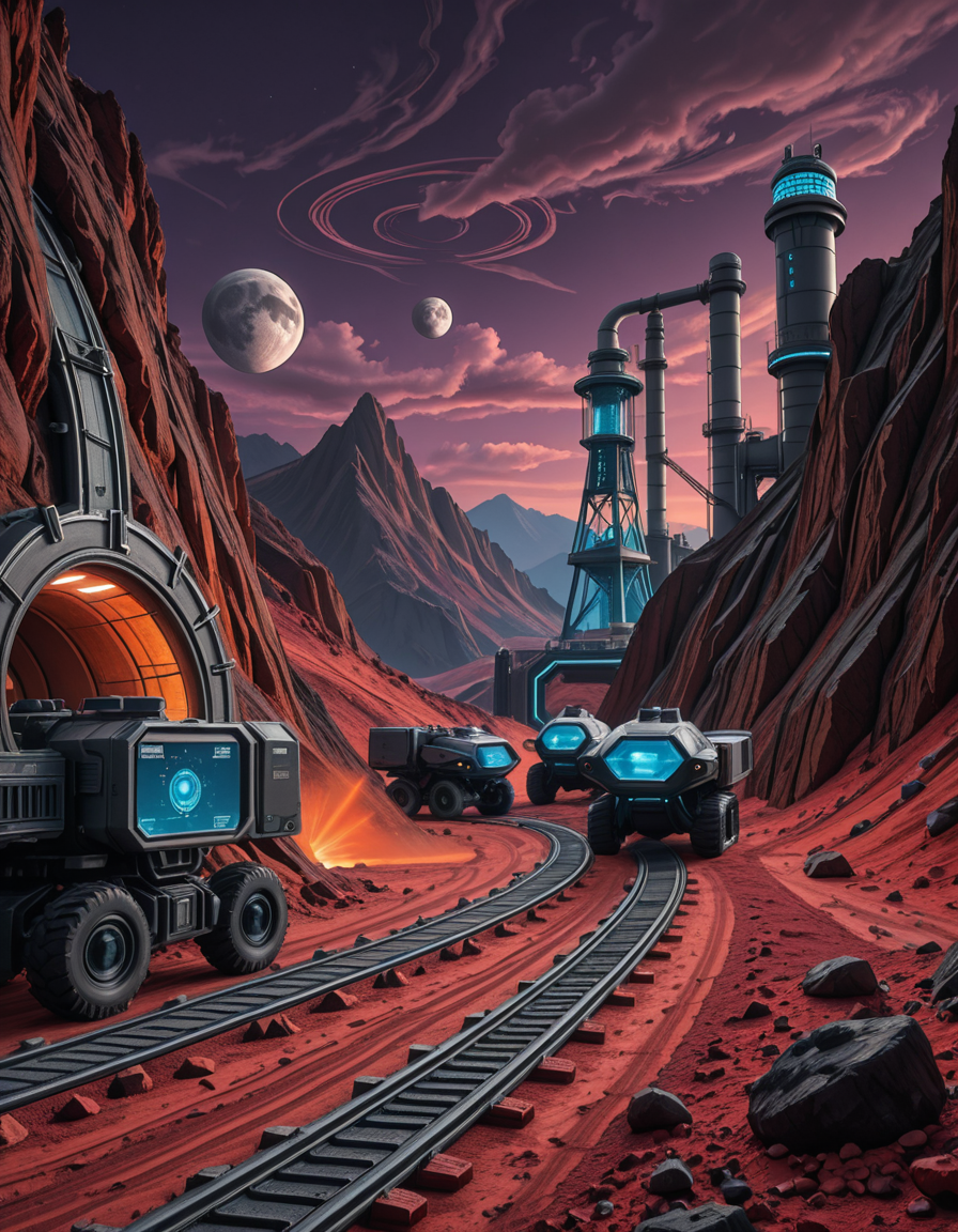 A futuristic mining outpost on a distant, rocky planet with a harsh, alien landscape. The mine entrance is a massive, reinforced metal tunnel carved into the side of a jagged, dark-red mountain. Advanced, glowing blue energy lights line the entrance, illuminating the metallic tracks that lead deep underground. Large, heavily-armored mining vehicles with mechanical arms and drills are stationed nearby, extracting rare minerals from the rock. The ground is covered in fine, reddish dust, kicked up by the movement of autonomous robotic drones that transport ore to a towering industrial refinery in the background. The sky is a deep, dark purple with swirling clouds and two distant moons casting a cold, eerie glow. In the distance, futuristic habitation domes with transparent walls house workers in protective exosuits, their silhouettes visible inside. A neon-lit control tower monitors operations, its holographic screens displaying real-time data. The atmosphere is both desolate and technologically advanced, evoking a sense of exploration and survival on the edge of the galaxy.
<lora:SDXLFaeTastic2400:0.4> <lora:extremely_detailed:0.4> extremely detailed,futuristic mining 0utp0st, <lora:futuristic_mining_0utp0st-i:1>, Masterpiece,best quality,hi res,8k,hi res,8k,award winning,(sharp focus, intricate, highly detailed),