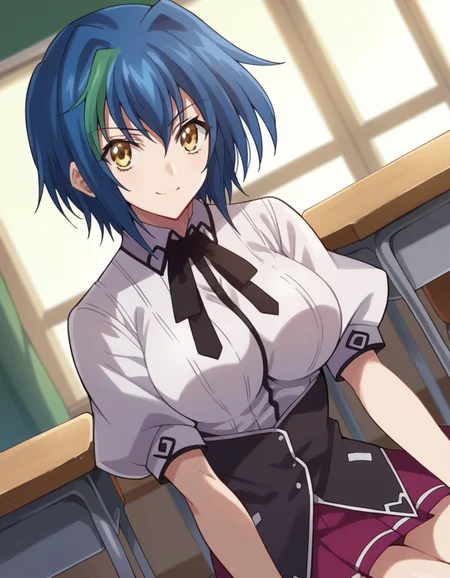 score_9, score_8_up, score_7_up, source_anime,
xenoviaquarta, <lora:dxd-xenovia-quarta-ponyxl-lora-nochekaiser:1>,
xenovia quarta, short hair, blue hair, yellow eyes, multicolored hair, green hair, two-tone hair, streaked hair, smile,
shirt, ribbon, school uniform, white shirt, black ribbon, neck ribbon, capelet, black capelet, long sleeves, skirt, red skirt,
indoors, classroom, sitting, desk, chair,
looking at viewer, dutch angle, cowboy shot,