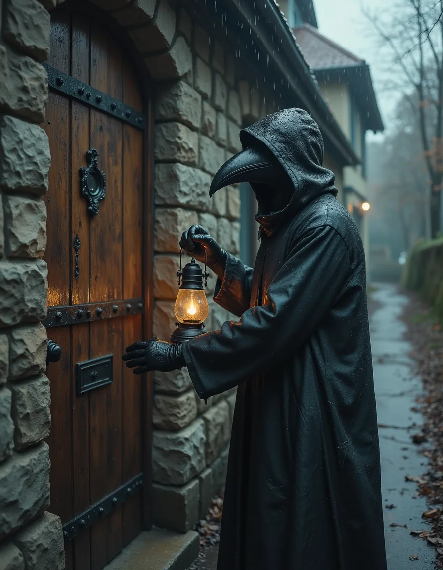 European medieval plague doctor knocking on a wooden door of a northen european house made from cobblestone, wearing a plague bird like beak mask, holding a lantern, raining, muddy road, glove, fist on door knocking, <lora:sickdark:0.6> <lora:Dark Cinematic:0.7> DRK