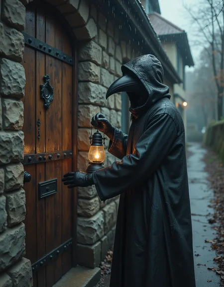 European medieval plague doctor knocking on a wooden door of a northen european house made from cobblestone, wearing a plague bird like beak mask, holding a lantern, raining, muddy road, glove, fist on door knocking,  <lora:sickdark:0.6>  <lora:Dark Cinematic:0.7> DRK