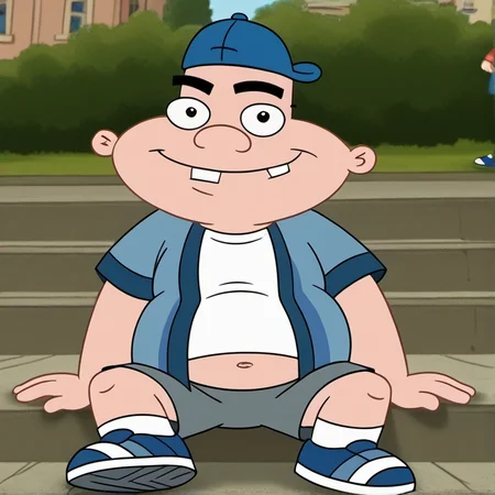 1boy, solo, povenmirestyle2, unibrow, single square tooth, human, male, fat, plump, obese, young, backwards hat, open shirt, midriff, shoes, outdoors, smug, looking at viewer, sitting on steps, apartment steps, toon \(style\), <lora:povenmirestyle2:1>, <lora:harold:0.7>,
