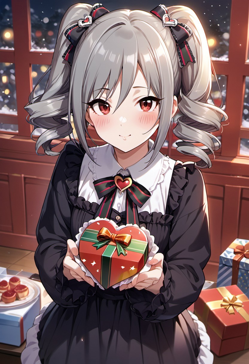 score_9, score_8_up, score_7_up, source_anime, kanzaki ranko, grey hair, red eyes, 1girl, solo, drill hair, twintails, twin drills, food, heart, gift, looking at viewer, blush, bow, dress