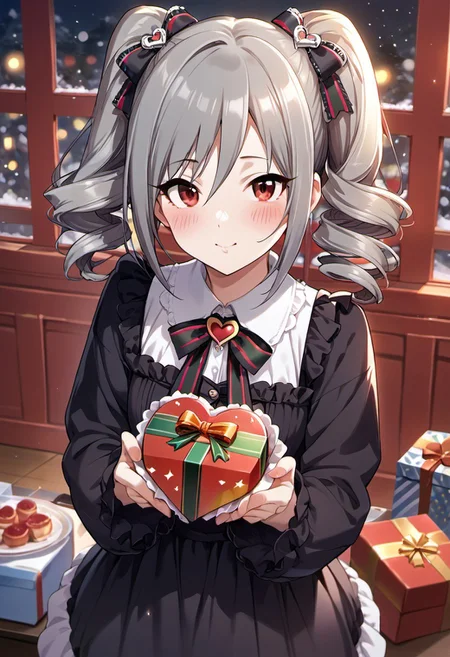 score_9, score_8_up, score_7_up, source_anime, kanzaki ranko, grey hair, red eyes, 1girl, solo, drill hair, twintails, twin drills, food, heart, gift, looking at viewer, blush, bow, dress