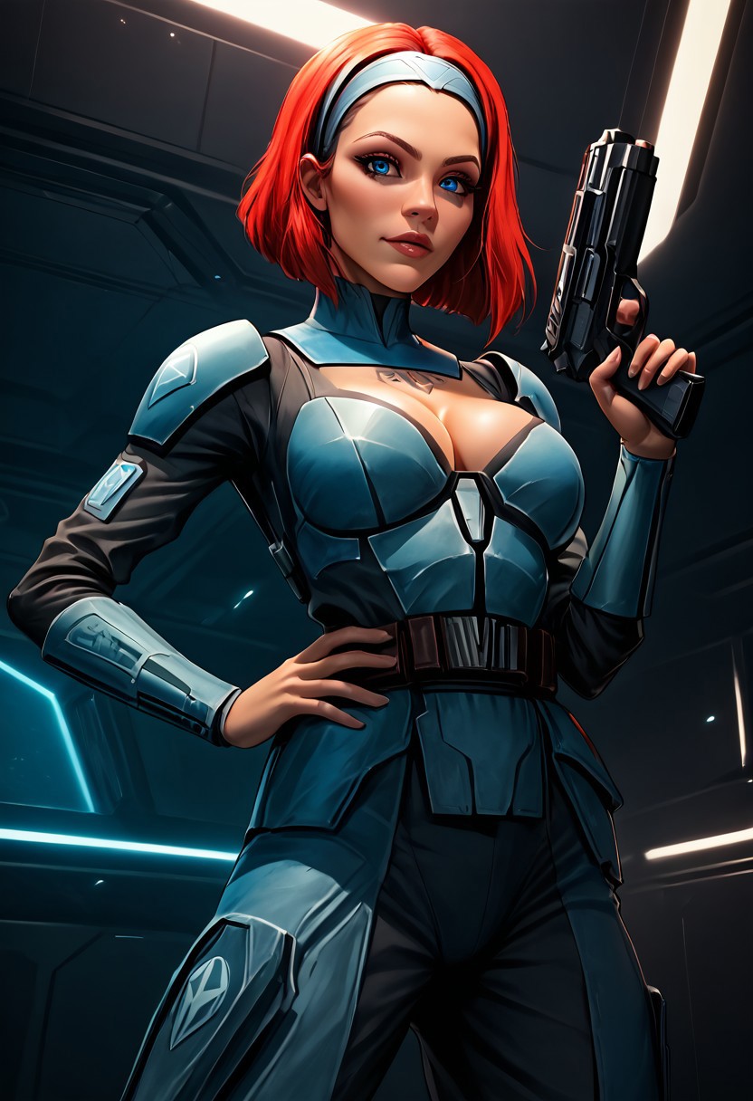 1girl,bo-katan kryze, blue mandalorian armor,  red hair,, hairband, blue eyes, from below, cleavage, slutty tattoo, athletic body, seductive, (holding one blaster pistol), (one hand on hip), heroic stance, action shot, in space station, neon lights, (spaceship battle,) (explosions), intricate details, dynamic lighting, (beautiful face), (steam rising),
