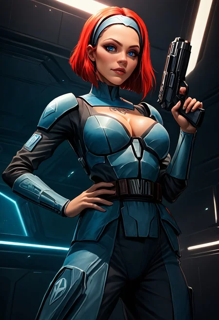 1girl,bo-katan kryze, blue mandalorian armor, red hair,, hairband, blue eyes, from below, cleavage, slutty tattoo, athletic body, seductive, (holding one blaster pistol), (one hand on hip), heroic stance, action shot, in space station, neon lights, (spaceship battle,) (explosions), intricate details, dynamic lighting, (beautiful face), (steam rising),
