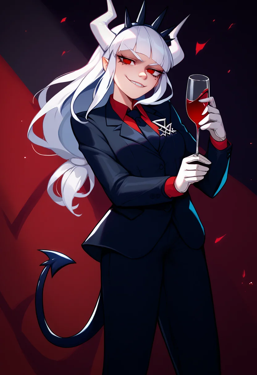 score_9, score_8_up, score_7_up, solo, 1girl, luciferdef, mole under eye, smirk, looking at viewer, standing, holding wine glass, long hair, crown, white horns, demon horns, formal, business suit, black jacket, long sleeves, red shirt, black necktie, white gloves, black pants, demon tail <lora:style_qt0ri_ponyXL-DoRA:1.1> <lora:helltaker_lucifer_ponyXL:1>