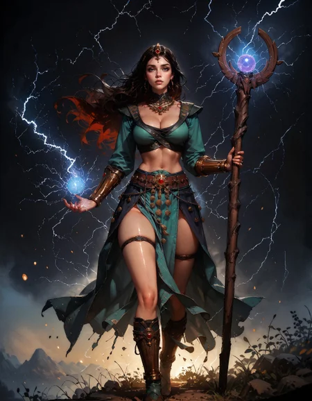 score_9, score_8_up, score_7_up, score_6_up, score_5_up, score_4_up,  8k, absurdres, best quality, ultra detailed, 1girl, src, long hair, tiara, necklace, crop top, hoop earrings, bracer, midriff, belt, skirt, thigh strap, boots, holding staff, milf, curvy, perfect curves, (thick thighs:1.1), beautiful girl, looking at viewer, large breasts, cleavage, shiny skin, outdoors, simple background, black background, magic, electricity, lightning