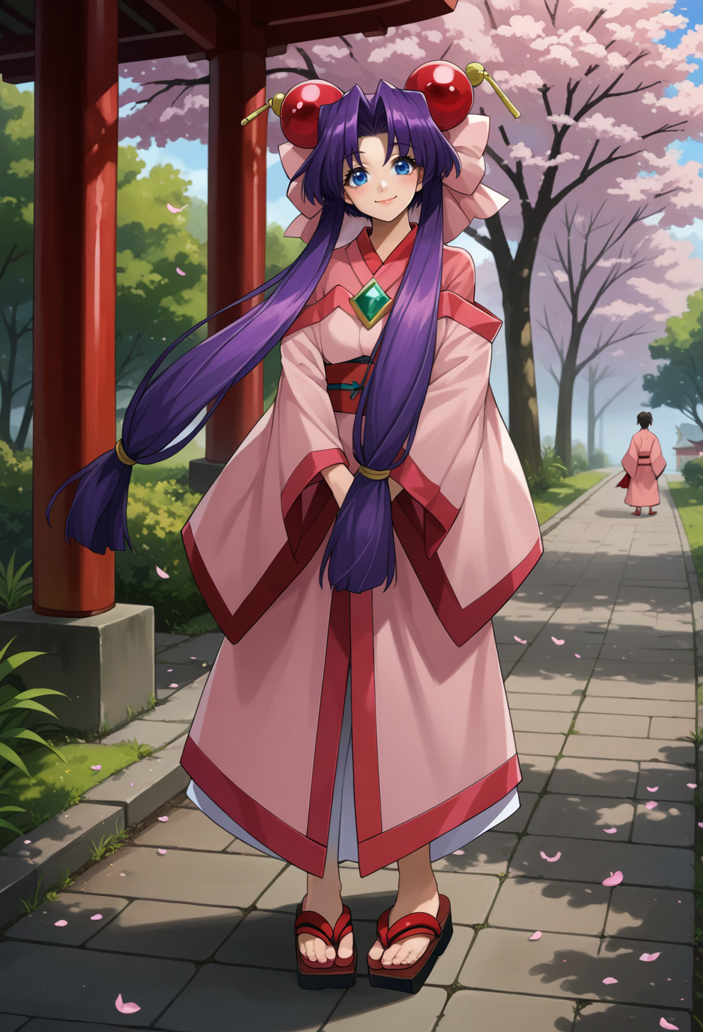 score_9, score_7_up, source_anime, BREAK  <lora:AECherry-000009:0.9> AECherry, blue eyes, purple hair, very long hair, low-tied long hair, hair bow, hair ornament, huge bow, pink bow, gem, japanese clothes, kimono, long sleeves, wide sleeves, pink dress, pink kimono, wide sleeves, off-shoulder dress,
smile, full body, cherry blossoms, v arms, head tilt,