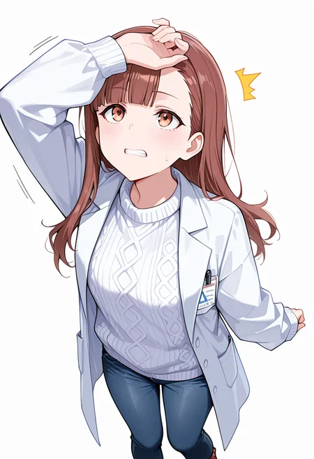 masterpiece,high quality details, absurdres,
<lora:Nagisa_Satou:0.8>
nagisa_cnr, 1girl, brown hair, long hair, blunt bangs, asymmetrical bangs, brown eyes,, simple background, white background, front view,solo,, clenched teeth,^^^,, arm draped over forehead,looking up,weight shifted,, oversized sweater ,lab coat ,jeans, ,plaid legwear,