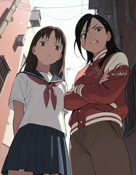 score_9,  score_8_up, score_7_up, source_anime, <lora:yoneyamaiXL_P6_lokr_V4236:0.3> <lora:izumi-maho-koyuki-ponyxl:0.4> 2girls, alley, looking at viewer, upper body, looking down, looking at viewer, from below, alley, disgust BREAK
ishiguroizumi, serafuku, skirt, arms behind back BREAK
minamimaho, letterman jacket, pants, disgust, clenched teeth, crossed arms
