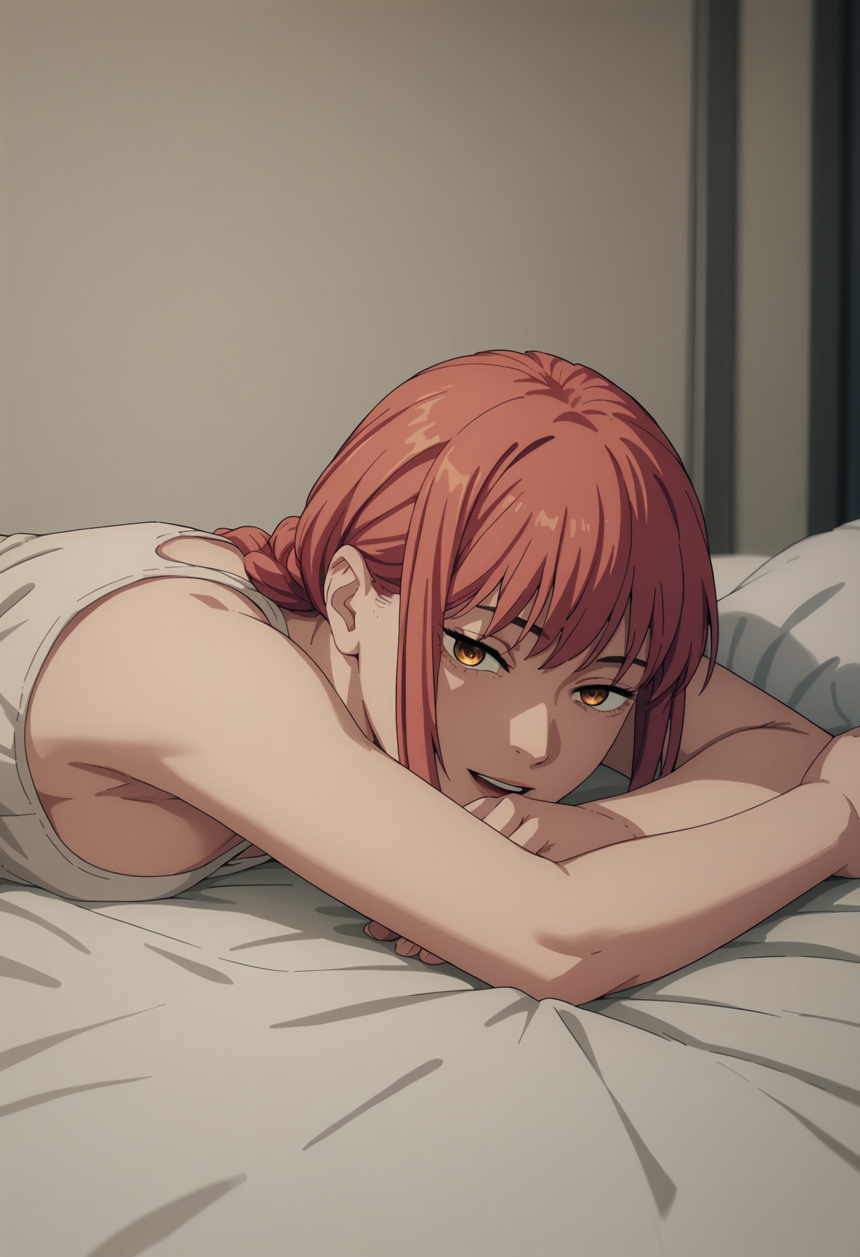score_9, score_8_up, score_7_up, score_6_up, score_5_up, score_4_up, best quality, masterpiece, colorful, very aesthetic, anime,
BREAK
(lying on bed:1.2), knee up, half closed eyes, blush, smile, open mouth, seductive , night, holding sheets,   <lora:add-detail-xl:1>  <lora:mak1ma0XL_Pony_v1:1> 1girl, mak1ma0, red hair, long hair, ringed eyes, braided ponytail