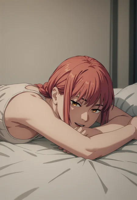 score_9, score_8_up, score_7_up, score_6_up, score_5_up, score_4_up, best quality, masterpiece, colorful, very aesthetic, anime,
BREAK
(lying on bed:1.2), knee up, half closed eyes, blush, smile, open mouth, seductive , night, holding sheets, <lora:add-detail-xl:1> <lora:mak1ma0XL_Pony_v1:1> 1girl, mak1ma0, red hair, long hair, ringed eyes, braided ponytail