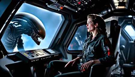 nostromo style, spacship interior,
astonished woman wearing jumpsuit sitting in pilot's chair in cockpit, Xenomorph looking in window from outside in space, control panels, screens, buttons, switches, ceiling decoration,
extremely detailed:1.2, sharp:1.2, bold outlines,
sharp focus, detailed face, clear eyes, Detailed perfect hand