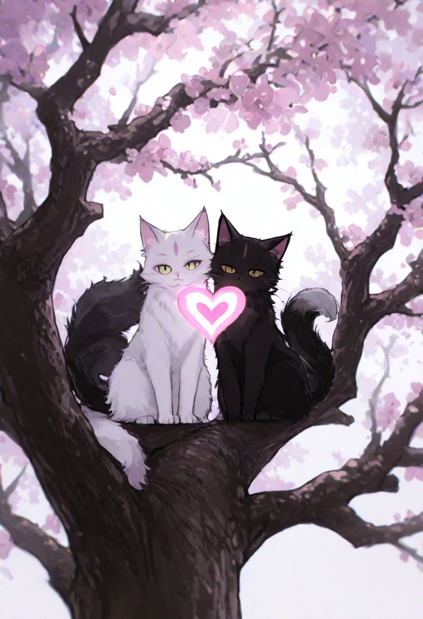 A monochromatic, black-and-white photograph of two cats sitting on a tree branch, facing each other in an intimate and harmonious pose. The left cat is black, while the right cat is white, creating a striking contrast. They are surrounded by delicate, blooming branches with small flowers, adding a serene and romantic atmosphere. The background is softly blurred, focusing the viewer's attention on the cats and their interaction. The lighting is soft, emphasizing the texture of their fur and the gentle ambiance of the scene.
<lora:Anime v1.3:1.2> <lora:Blue_Future:0.9> <lora:Ethereal Brush Anime v2.0:0.6> <lora:It's a LoRA for portraits, BUT! actually specialized in backgrounds. v1.0:0.2>,pink heart in front of them,  white sphere on the background