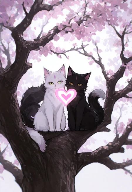 A monochromatic, black-and-white photograph of two cats sitting on a tree branch, facing each other in an intimate and harmonious pose. The left cat is black, while the right cat is white, creating a striking contrast. They are surrounded by delicate, blooming branches with small flowers, adding a serene and romantic atmosphere. The background is softly blurred, focusing the viewer's attention on the cats and their interaction. The lighting is soft, emphasizing the texture of their fur and the gentle ambiance of the scene.
<lora:Anime v1.3:1.2> <lora:Blue_Future:0.9> <lora:Ethereal Brush Anime v2.0:0.6> <lora:It's a LoRA for portraits, BUT! actually specialized in backgrounds. v1.0:0.2>,pink heart in front of them,  white sphere on the background
