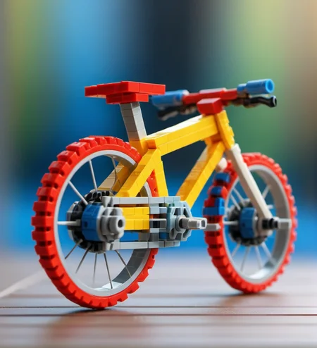 Lego pixel art,lego,bicycle,toy,orange wheels,red wheels,yellow frame,blue background,close-up,macro photography,detailed,creative,plastic,structure,model,building blocks,colorful,toy bike,design,construction,focus on foreground,blurred background,vibrant colors,<lora:å¾®ååç´ -000009:0.6>,