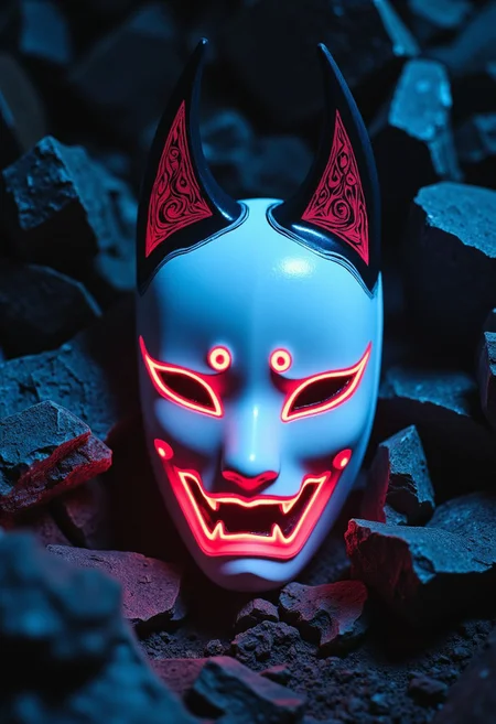 ArsMovieStill, movie still from a 1970s horror movie Studio cursed kitsune mask in a Japanese grave shrine magenta cyan miasma