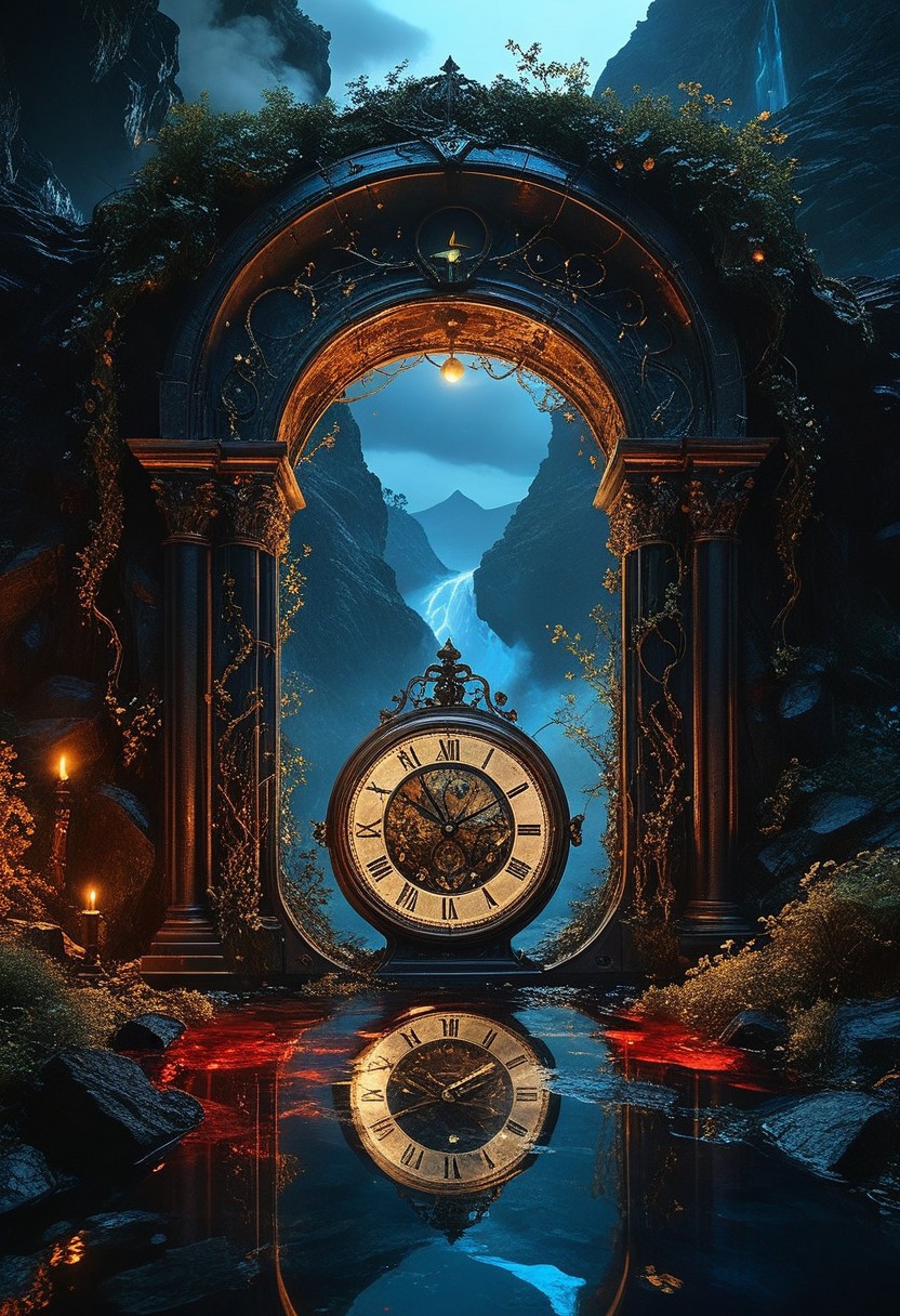 top- down, fantastical and surreal scene, closeup inside of an enormous ancient pocket_clock standing upright with its cover open revealing a magical portal, portal inside the clock, Through the portal is a breathtaking landscape unfolds, towering mountains, a cascading volcano, a steaming river winding through a burned forests, The edges of the pocket_clock are adorned with intricate glowing runes and vines, the clock resting on obsidian floor, mystical touch, illuminated by a crescent moon and twinkling stars, dreamlike and otherworldly atmosphere, sense of adventure and wonder, ((red-blue, artifact,
<lora:aidmaMTG-CardsXL-v0.1:1> ,mtg, mtg card)), view from above, 
(score_9, score_8_up:1.1), score_7_up, a fine color ink lineart sketch, (reflective volumetric), raytracing, absurdres, dark, low-key,