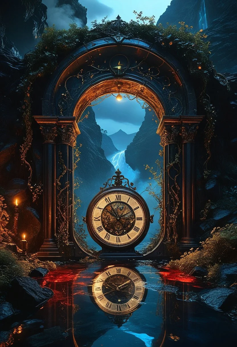 top- down, fantastical and surreal scene, closeup inside of an enormous ancient pocket_clock standing upright with its cover open revealing a magical portal, portal inside the clock, Through the portal is a breathtaking landscape unfolds, towering mountains, a cascading volcano, a steaming river winding through a burned forests, The edges of the pocket_clock are adorned with intricate glowing runes and vines, the clock resting on obsidian floor, mystical touch, illuminated by a crescent moon and twinkling stars, dreamlike and otherworldly atmosphere, sense of adventure and wonder, ((red-blue, artifact,
<lora:aidmaMTG-CardsXL-v0.1:1> ,mtg, mtg card)), view from above,
(score_9, score_8_up:1.1), score_7_up, a fine color ink lineart sketch, (reflective volumetric), raytracing, absurdres, dark, low-key,