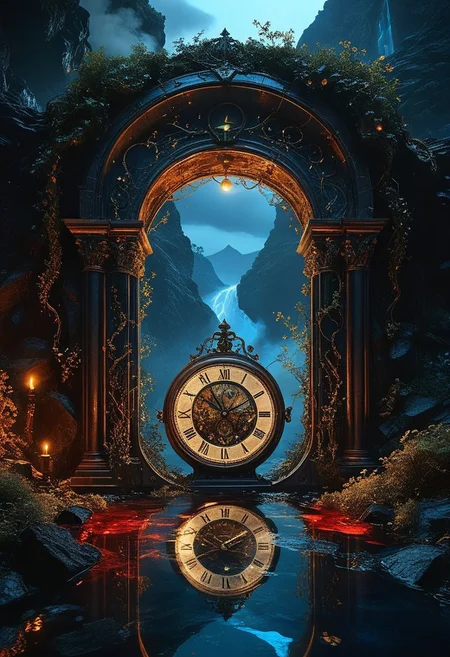 top- down, fantastical and surreal scene, closeup inside of an enormous ancient pocket_clock standing upright with its cover open revealing a magical portal, portal inside the clock, Through the portal is a breathtaking landscape unfolds, towering mountains, a cascading volcano, a steaming river winding through a burned forests, The edges of the pocket_clock are adorned with intricate glowing runes and vines, the clock resting on obsidian floor, mystical touch, illuminated by a crescent moon and twinkling stars, dreamlike and otherworldly atmosphere, sense of adventure and wonder, ((red-blue, artifact,
<lora:aidmaMTG-CardsXL-v0.1:1> ,mtg, mtg card)), view from above, 
(score_9, score_8_up:1.1), score_7_up, a fine color ink lineart sketch, (reflective volumetric), raytracing, absurdres, dark, low-key,
