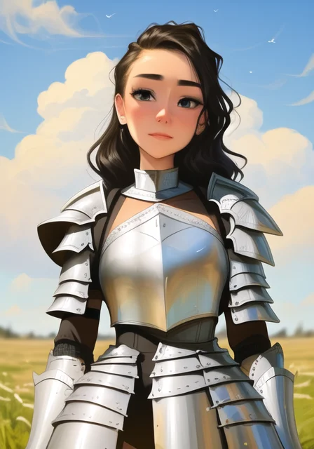 young woman, valkyrie armor, sky with clouds, art by sda_a3<hypernet:animeCharacter_smoAnythingV3:1>