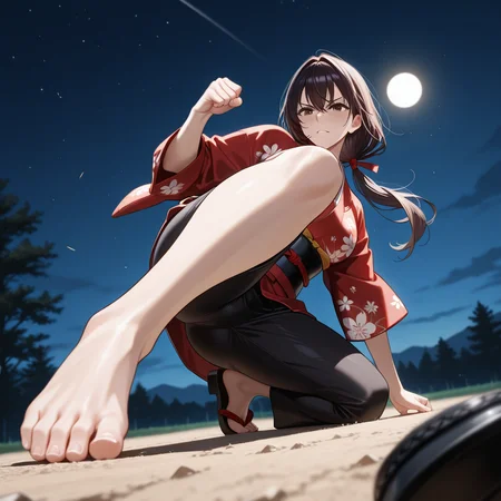 masterpiece, best quality, very aesthetic, absurdres, 1girl, anime style,fighting photo, close-up photo, mai, low angle photo, adult woman, female, karateka girl, black karateka kimono, red karete belt, high kick in the air, (long hair), (deep brown eyes color), (dark hair color) SFW, training in field background, feudal japan background, night time, moon lighting, (night time), ultra detailed toe, ultra detailed feet, ultra detailed hand, <lora:Hand v2:0.8> Detailed hand, Hand, Perfect hand <lora:fightingpose:0.8> squat, fighting pose, knee on ground