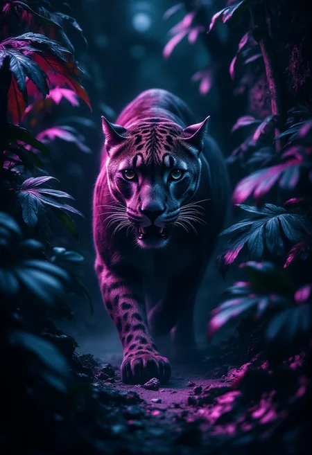 front view of a panther in tense stance. lurking hazardously in tropical undergrowth. the undergrowth is of lush and colorful vegetation. the deep night is dimly lit by neon colors. the image focuses on gloomy atmosphere and shiny reflections on the animals pelt and mist emerging from the undergrowth. mad-neon-noir,01dPh0t0
