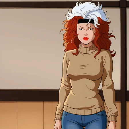 <lora:RogueTAS_pony_v1:1> RogueTAS, 1girl,  lipstick, white hair,  makeup, brown hair, breasts,  two-tone hair, multicolored hair, long hair, red hair, retro artstyle, cowboy shot, sweater, jeans
