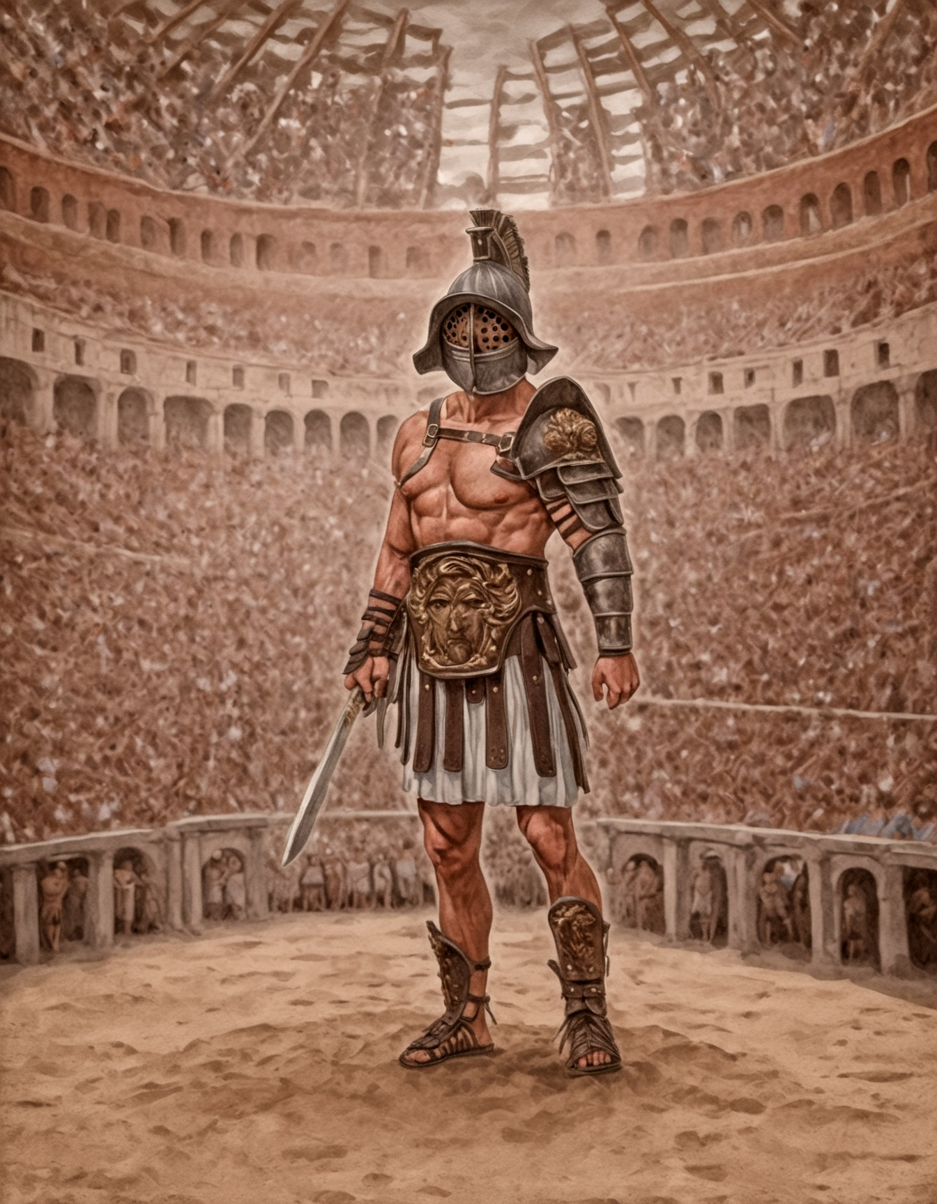 portrait gladiator in a crowded colosseum, rome, victrory, ,gladiator_style, illustration,exterm detailed, detailed background,