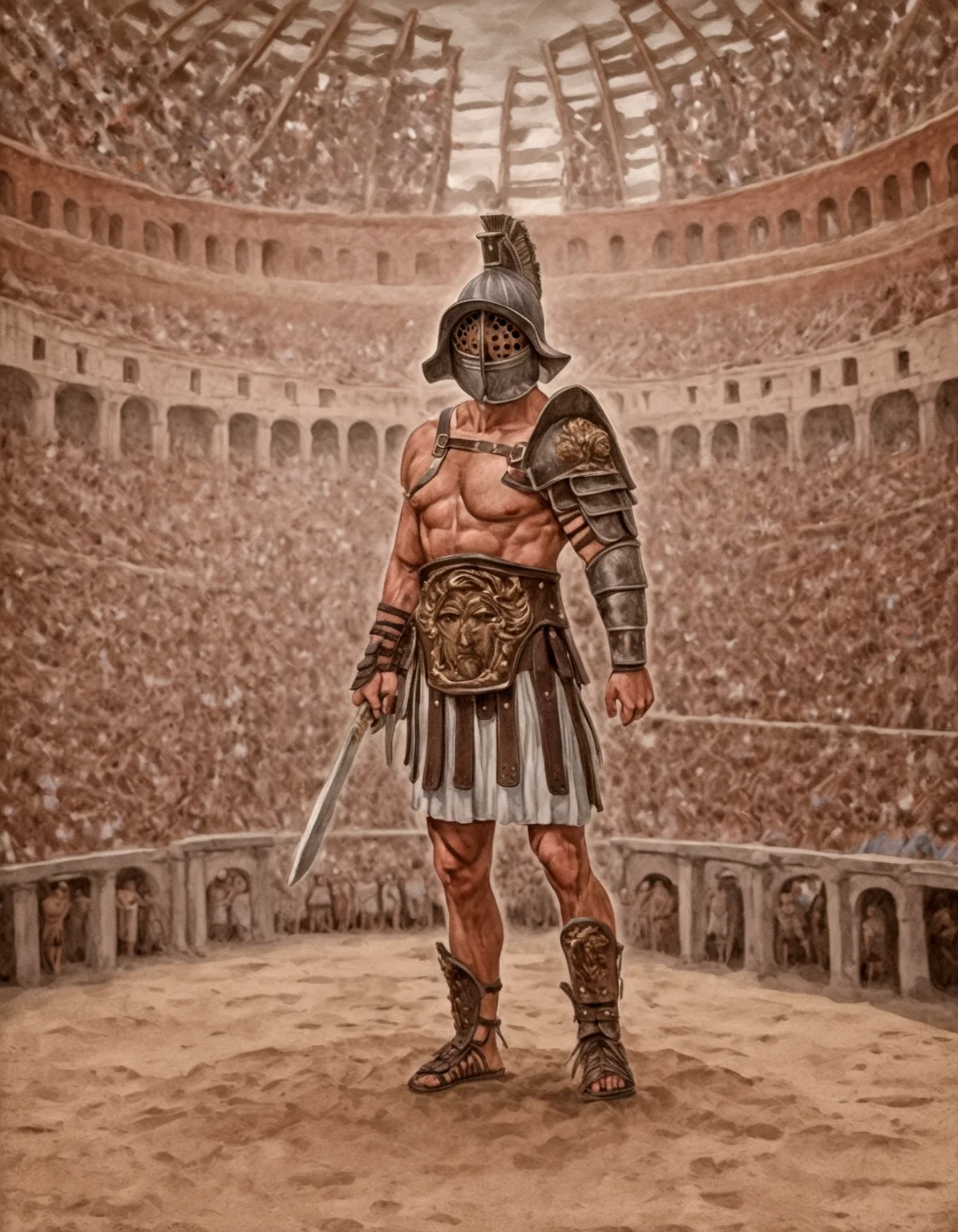 portrait gladiator in a crowded colosseum, rome, victrory, ,gladiator_style, illustration,exterm detailed, detailed background,