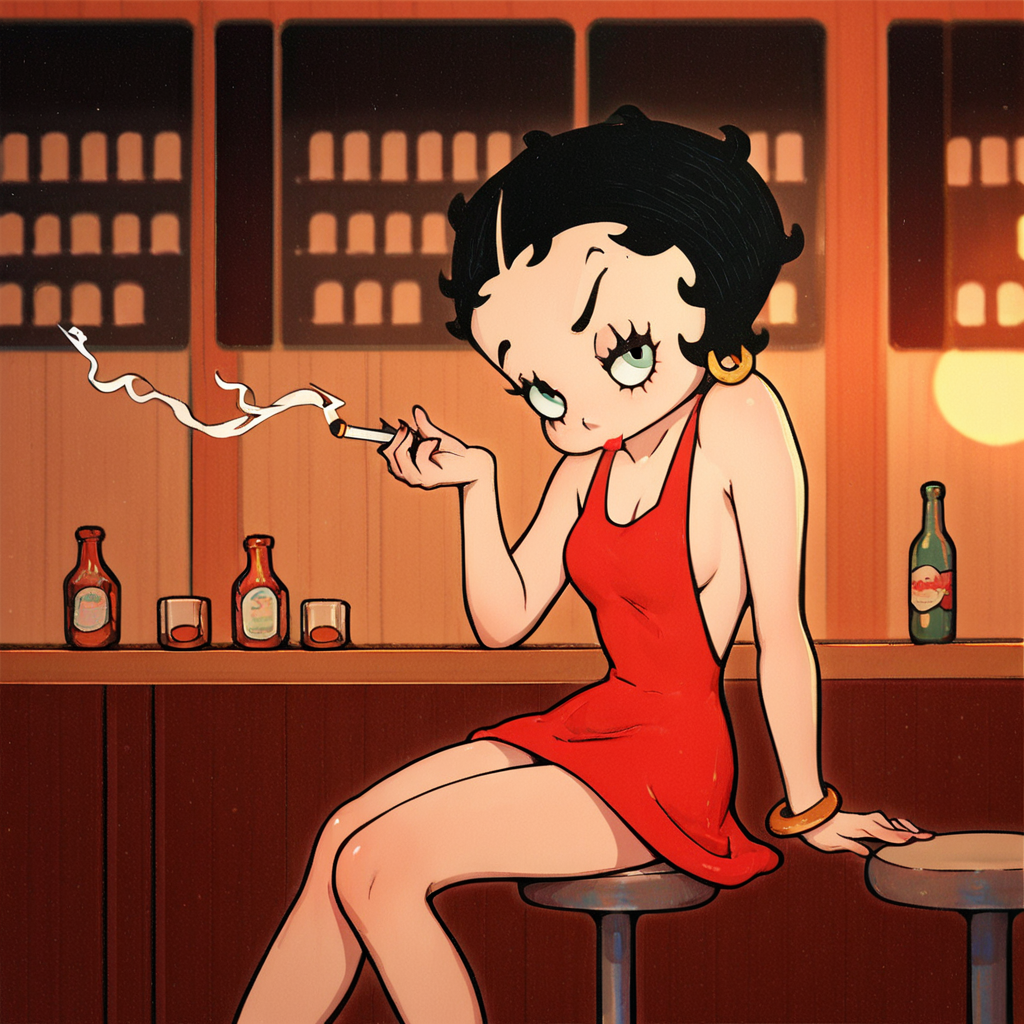 score_9, score_8_up, score_7_up, score_6_up, score_5_up, score_4_up, source_anime,  BettyBoob, flat color, red dress, black hair, sitting, bar, smoking, cheeky smirk